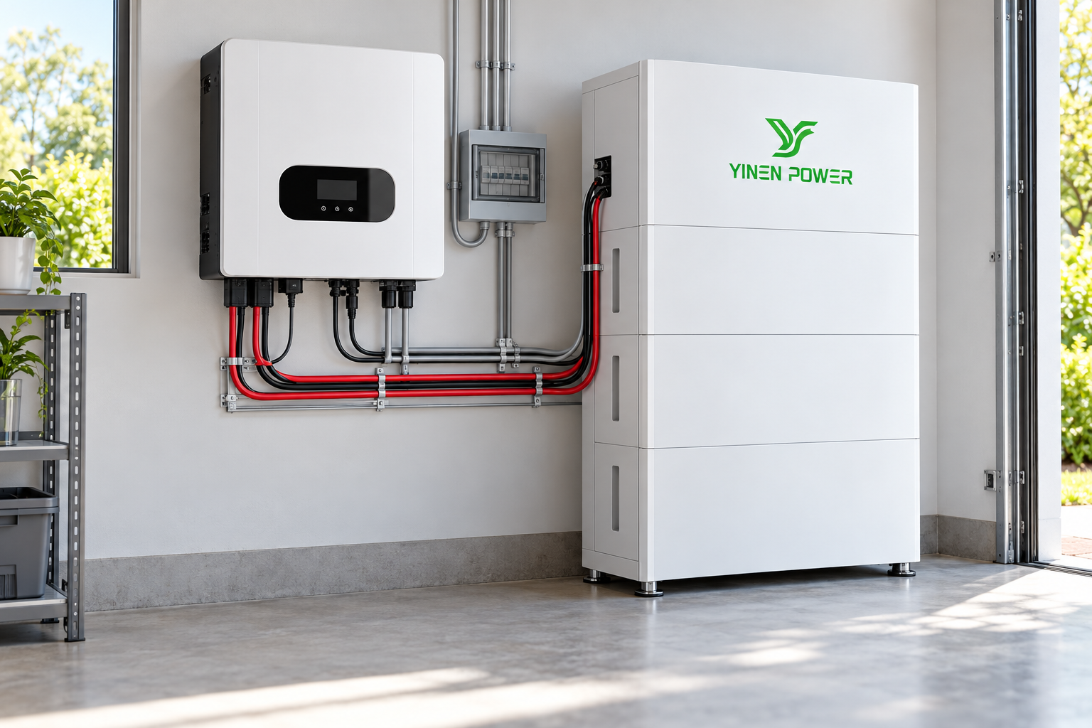 YINEN POWER rechargeable lithium battery cabinet connected to a hybrid inverter