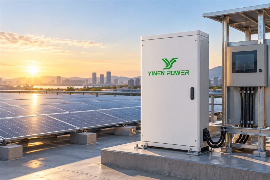 YINEN POWER solar battery calendar life planning setup beside rooftop solar panels and monitoring equipment
