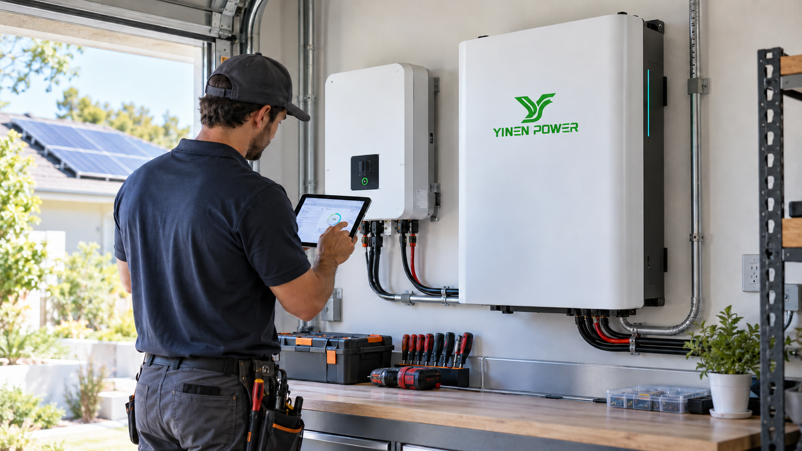 Installer reviewing a YINEN POWER wall-mounted battery system